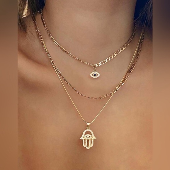 Gold Layered Hamsa & Evil Eye Necklace | Dainty Protective Jewelry - Picture 1 of 3